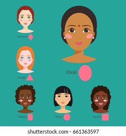 Set of different woman face types vector illustration character shapes girl makeup beautiful female