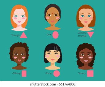 Set of different woman face types vector illustration character shapes girl makeup beautiful female