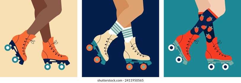 Set of different woman legs in a retro roller skate shoes. Retro roller skater posters. Fun leisure summer time sport. Bright colorful square banners. Retro fashion disco style.