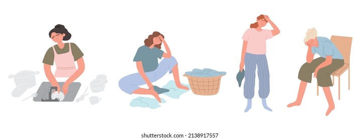 Set different woman loaded with household duties. A sad, tired young girl is sorting dirty laundry, washing dishes. An unhappy housewife tired of housework. Vector cartoon flat illustration.