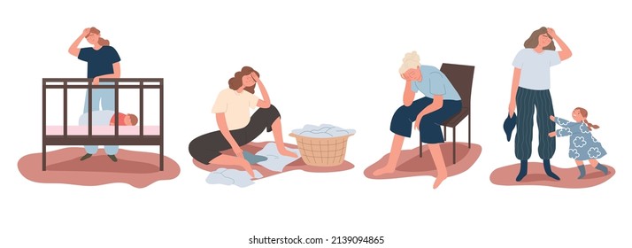 Set different woman loaded with household duties. A sad, tired single mother. Cleaning, child care, laundry.  An unhappy housewife tired of housework. Vector cartoon flat illustration.