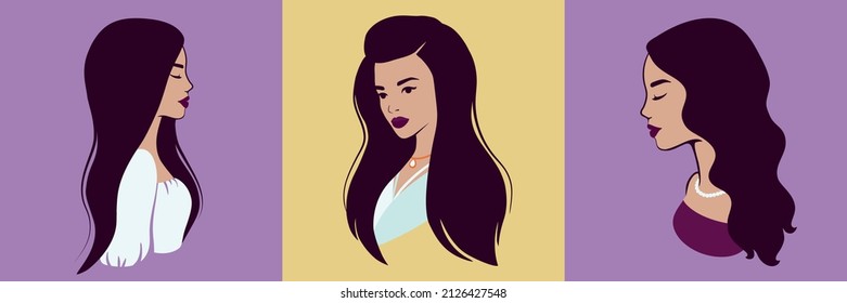 Set of different woman portraits. Avatar of beautiful girls.  Vector illustration.