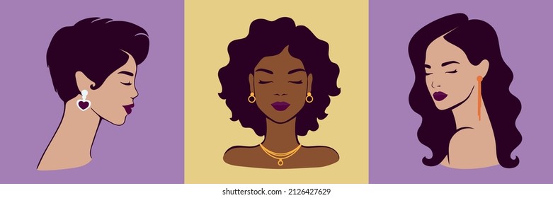 Set of different woman portraits. Avatar of beautiful girls.  Vector illustration.