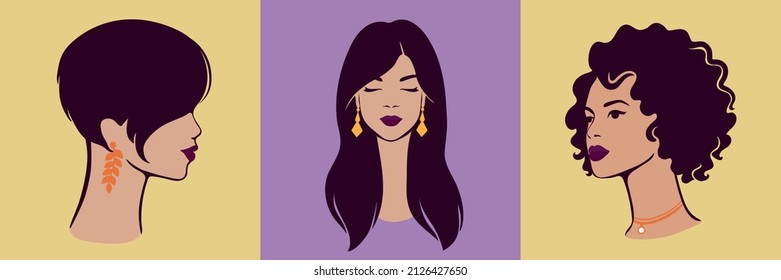 Set of different woman portraits. Avatar of beautiful girls.  Vector illustration.