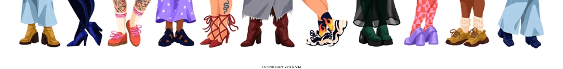 Conjunto de diferentes zapatos de mujer. Fila de pies femeninos en varias botas altas de moda, calzado con tacón, zapatillas deportivas. Moda callejera moderna. Ilustraciones vectoriales aisladas planas sobre fondo blanco