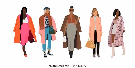 Set of different woman in trendy clothes vector realistic illustration. Collection of modern street fashion outwear female isolated. Fashionable girl in winter and autumn clothing.