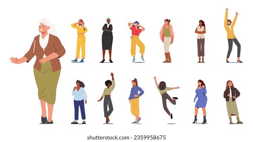 Set of Different Women. African or Caucasian Female Characters, Senior Ladies and Young Girls Listen Music, Drink Tea, Jump, Posing, Rejoice, Feel Positive Emotions. Cartoon People Vector Illustration