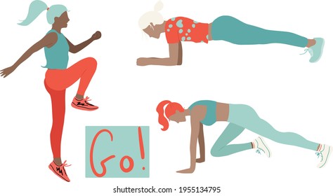 Set of different women doing workouts and training