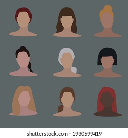 Set of different women faces. Brown, blonde, black and red hair. White and black skin. Nine elements