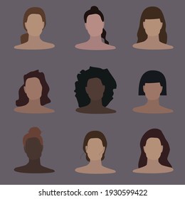 Set of different women faces. Brown, blonde, black and red hair. White and black skin. Nine elements