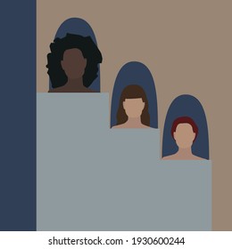 Reihe von verschiedenen Frauen Gesichter. Braun, schwarz und rotes Haar. Weiße und schwarze Haut. Drucken