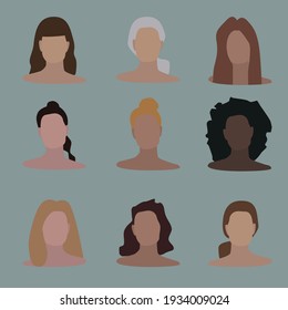 Set of different women faces. Brown, blonde, black and red hair. White and black skin. Nine elements