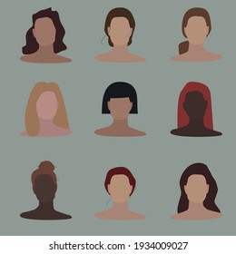 Set of different women faces. Brown, blonde, black and red hair. White and black skin. Nine elements