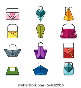 Set of different women fashionable colored origami handbag and bags. Flat vector cartoon illustration. Objects isolated on a white background.