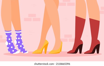 Conjunto de diferentes piernas femeninas. Hermosos pies de personajes femeninos en calcetines, botas y tacones. Elemento de diseño colorido para redes sociales, afiches y publicidad. Dibujo vectorial plano de dibujos animados