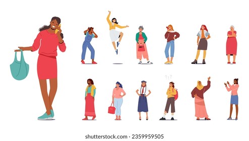 Set of Different Women. Multiethnic Female Characters, African, Arab, Caucasian Girls and Old Ladies, Student, Schoolgirl, Muslim, Senior, Slim and Plus Size Cartoon People. Vector Illustration