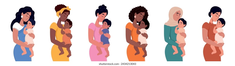 A set of different women with a newborn baby. African American, Muslim, Native American, African, Chinese, Asian. Young beautiful multiethnic women of different nationalities.