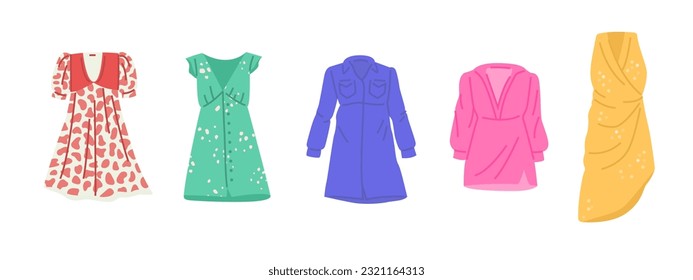 Set of different women s dresses on a white background.