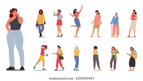 Set of Different Women. Senior and Teen Female Characters, Young Girls and Aged Ladies Wear Fashioned Clothes, Fun, Dance and Rejoice. Cartoon People Freeze, Use Smartphone. Vector Illustration