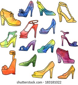 set of different women shoes painted by watercolor, vector illustration
