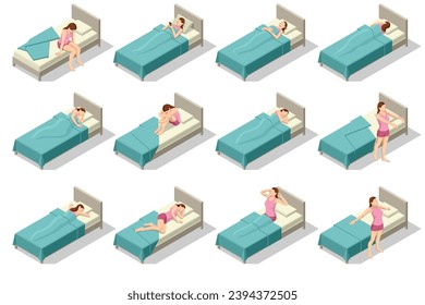 Set of different Women Sleeping Poses, sleeping and dreaming in beds. Bedtime concept.