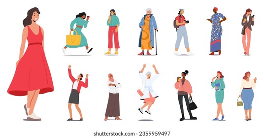 Set of Different Women. Tourist, Muslim, African or Caucasian Female Characters Lifestyle. Girl and Ladies Hurry, Rejoice, Dance and Jump, Positive Senior Granny. Cartoon People Vector Illustration