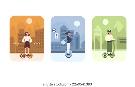 Conjunto de diferentes mujeres usando transporte ecológico moderno. La gente conduce vehículos eléctricos urbanos. Sistemas de transporte sostenibles. Reducción del consumo mundial de energía. Vector