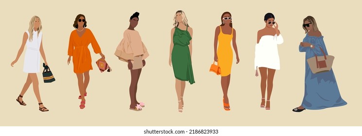 Set of different women wearing modern street style summer fashion outfit standing and walking. Fashion girls in colorful summer dresses. Cartoon style realistic vector art illustration isolated.