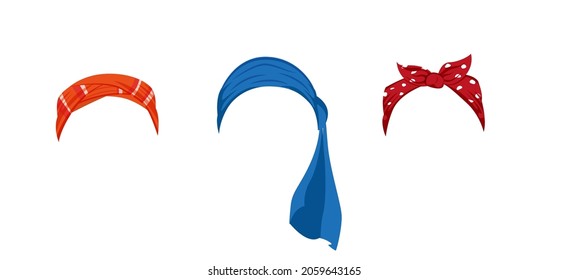 Se coloca con diferentes ilustraciones vectoriales de bandana de pelo de mujeres en un estilo plano de caricatura aislado sobre fondo blanco.