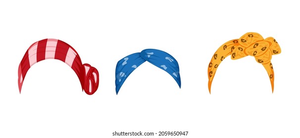 Set with different womens hair bandana vector illustration in a cartoon flat style isolated on white background.