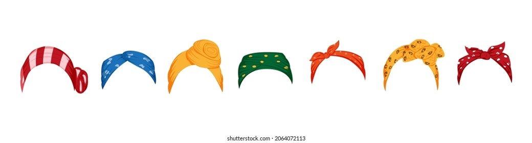 Set with different womens hair bandana vector illustration in a cartoon flat style isolated on white background.