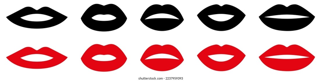 Set of different women's lips icon. Black and red design. Vector illustration isolated on white background
