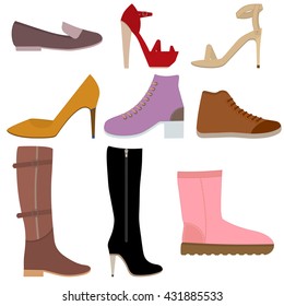 Set with different of women's shoes. Various types female footwear. Set of Isolated flat colored icons. Vector illustration. Shoes, boots, sandals for different seasons. Collection of woman shoes.