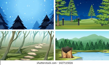 Set of different wood scenes illustration
