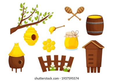 Set of different wooden beehive, cute fence, honey dipper, barrel and glass jar. Apiculture, beekeeping equipment, cartoon objects isolated on white background stock vector illustration.