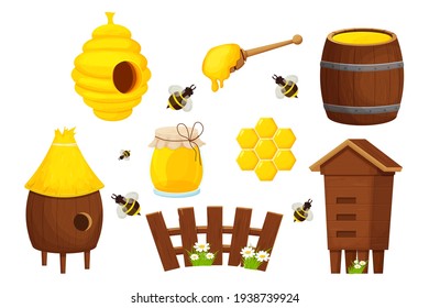 Set of different wooden beehive, cute fence, honey dipper, barrel and glass jar. Apiculture, beekeeping equipment, cartoon objects isolated on white background stock vector illustration.