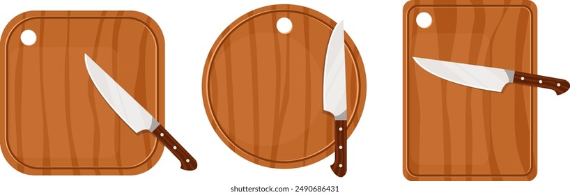 Conjunto de diferentes tablas de cortar de madera con cuchillos de cocina. Ilustración vectorial de acciones