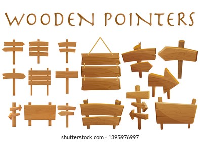Set of different wooden empty cartoon pointers, hovering guides, signboards, signposts, planks, showing different destinations isolated flat vector illustration.