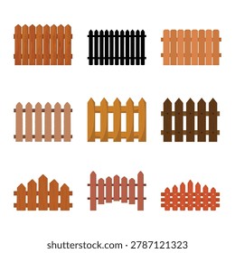 Set of different wooden fences. Flat vector illustration of brown and black rustic picket fences for rural farm or garden boundaries.