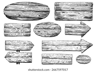 Conjunto de diferentes signos de marco de madera, flechas y tableros direccionales, postes o Anuncios, letreros rústicos en estilo antiguo vintage dibujado a mano para el Web, dibujos animados, promociones.