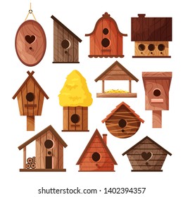 Set of different wooden handmade bird houses isolated on white background. Cartoon homemade nesting boxes for birds, ecology birdboxes vector illustration