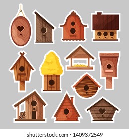 Set of different wooden handmade bird houses isolated on white background. Cartoon homemade nesting boxes for birds, ecology birdboxes vector illustration