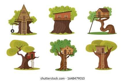 Set of different wooden houses on trees vector illustration