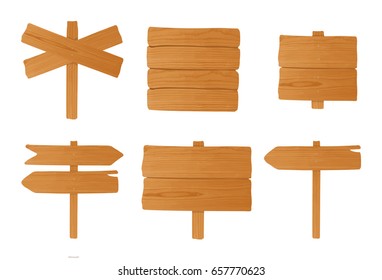 Set of different wooden signboards, pointers. Colorful empty signposts collection. Vector illustration in cartoon style.