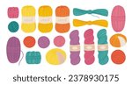 Set of different wool yarn balls and skeins. Knitting hobby. Flat style vector illustration