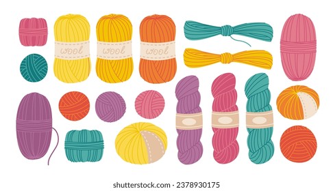 Set of different wool yarn balls and skeins. Knitting hobby. Flat style vector illustration