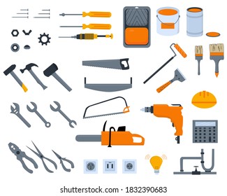 Set with different work tools, vector illustration. Electricity, home repair, home renovation concept