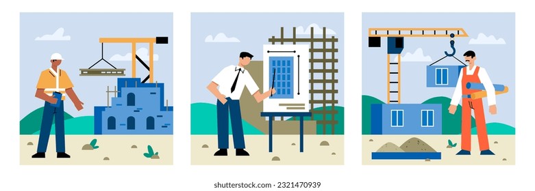 Set of different workers build house. Foreman with clipboard and checking construction process. Architect standing near project of building and makes presentation. Flat vector illustration