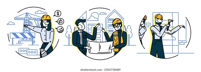 Conjunto de diferentes trabajadores construyendo casa. Mujer joven parada cerca de Jenny y proceso de verificación. Hombres sosteniendo un plan de construcción y discutiendo. Constructor construir casa. Ilustración vectorial plana
