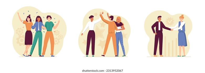 Set of different workers celebrate success at work. Young ladies dancing on party. Workers give high five to each other. Director shaking hand to employee. Business concept. Flat vector illustration